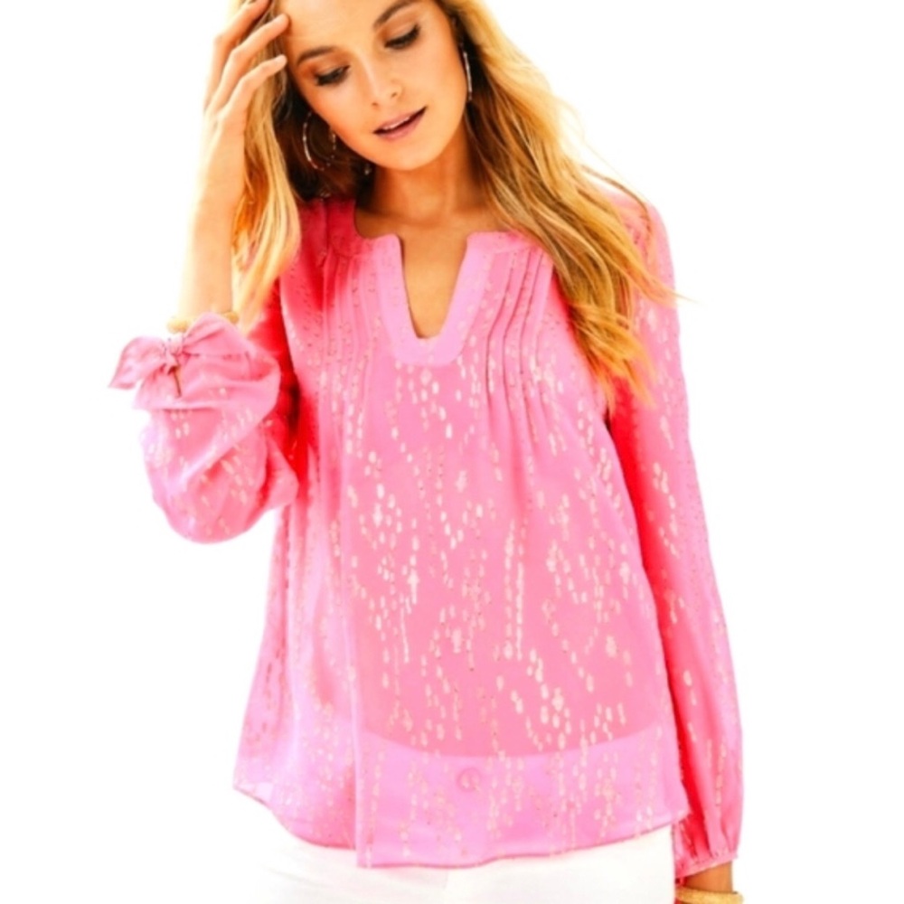 Lilly Pulitzer Pink Colby Silk Metallic-Dot Split Neck Blouse